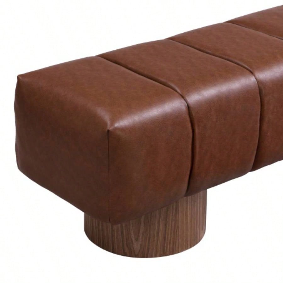 Upholstered Dining Dining Room, No - Assembly End of Bed Entryway Ottoman Bedroom Living Room, Brown PU Stool Top Wood Leg 300 LBS Weight Capacity