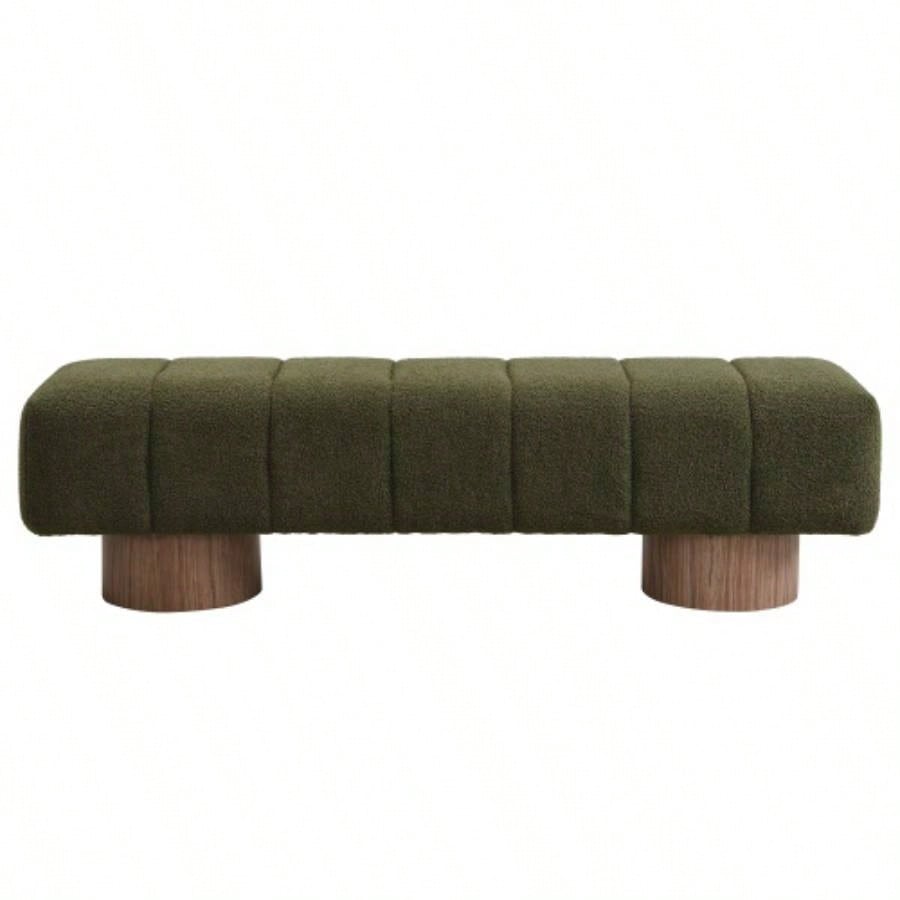 Upholstered Dining Dining Room, No - Assembly End of Bed Entryway Ottoman Bedroom Living Room, Green Boucle Fabric Stool Top Wood Leg 300 LBS Weight Capacity
