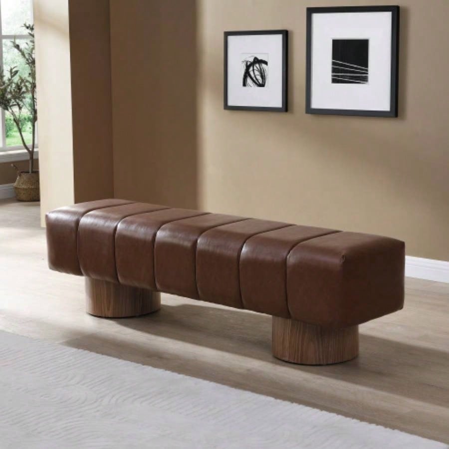 Upholstered Dining Dining Room, No - Assembly End of Bed Entryway Ottoman Bedroom Living Room, Brown PU Stool Top Wood Leg 300 LBS Weight Capacity