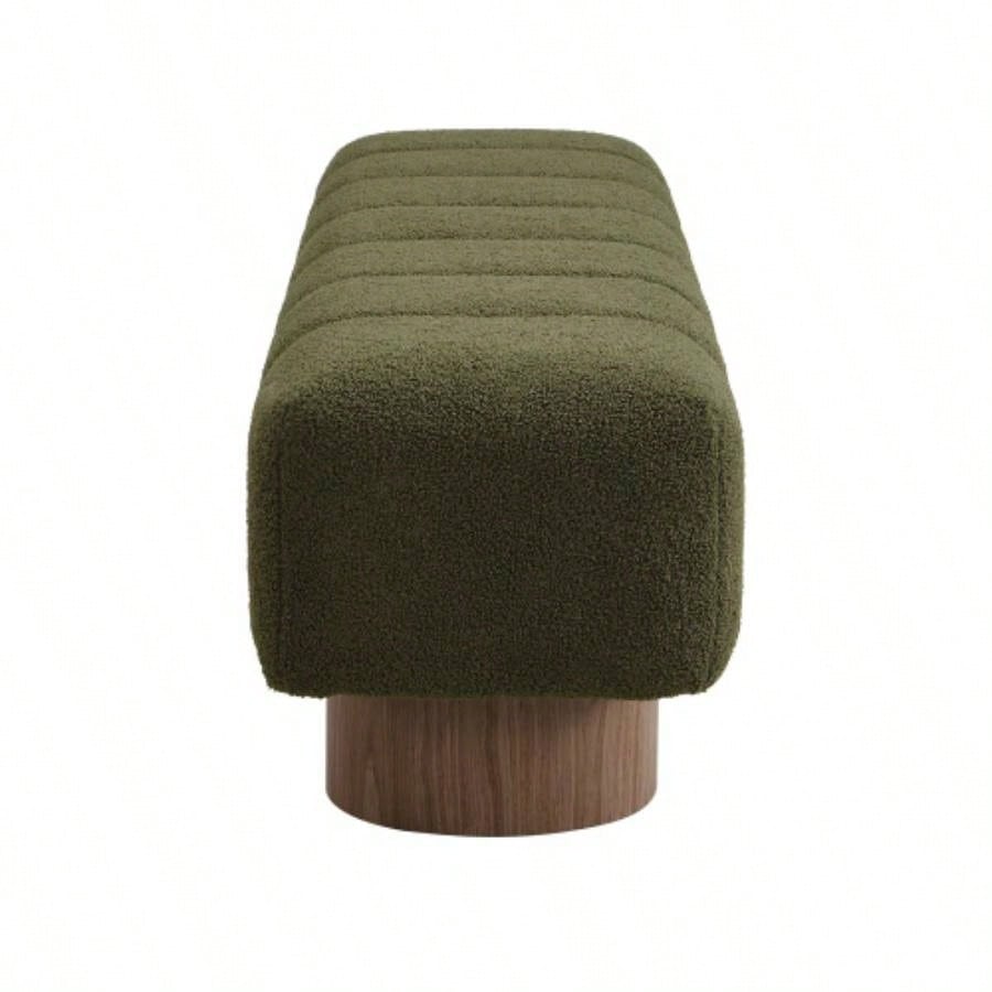 Upholstered Dining Dining Room, No - Assembly End of Bed Entryway Ottoman Bedroom Living Room, Green Boucle Fabric Stool Top Wood Leg 300 LBS Weight Capacity
