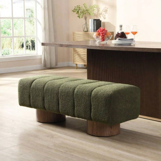 Upholstered Dining Dining Room, No - Assembly End of Bed Entryway Ottoman Bedroom Living Room, Green Boucle Fabric Stool Top Wood Leg 300 LBS Weight Capacity