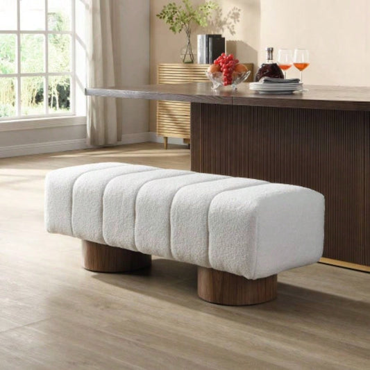Upholstered Dining Dining Room, No - Assembly End of Bed Entryway Ottoman Bedroom Living Room, White Boucle Fabric Stool Top Wood Leg 300 LBS Weight Capacity