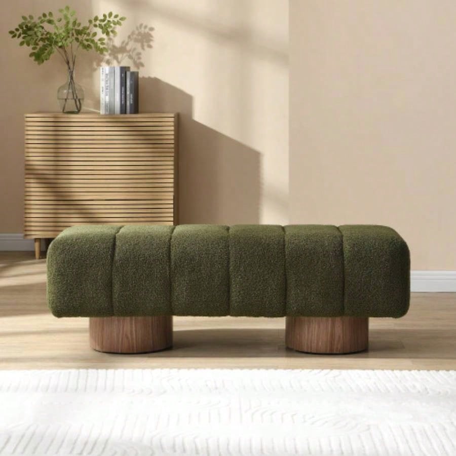 Upholstered Dining Dining Room, No - Assembly End of Bed Entryway Ottoman Bedroom Living Room, Green Boucle Fabric Stool Top Wood Leg 300 LBS Weight Capacity