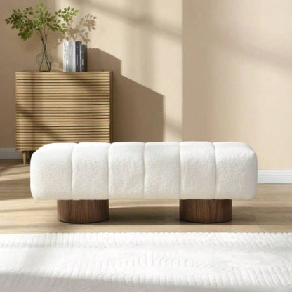 Upholstered Dining Dining Room, No - Assembly End of Bed Entryway Ottoman Bedroom Living Room, White Boucle Fabric Stool Top Wood Leg 300 LBS Weight Capacity