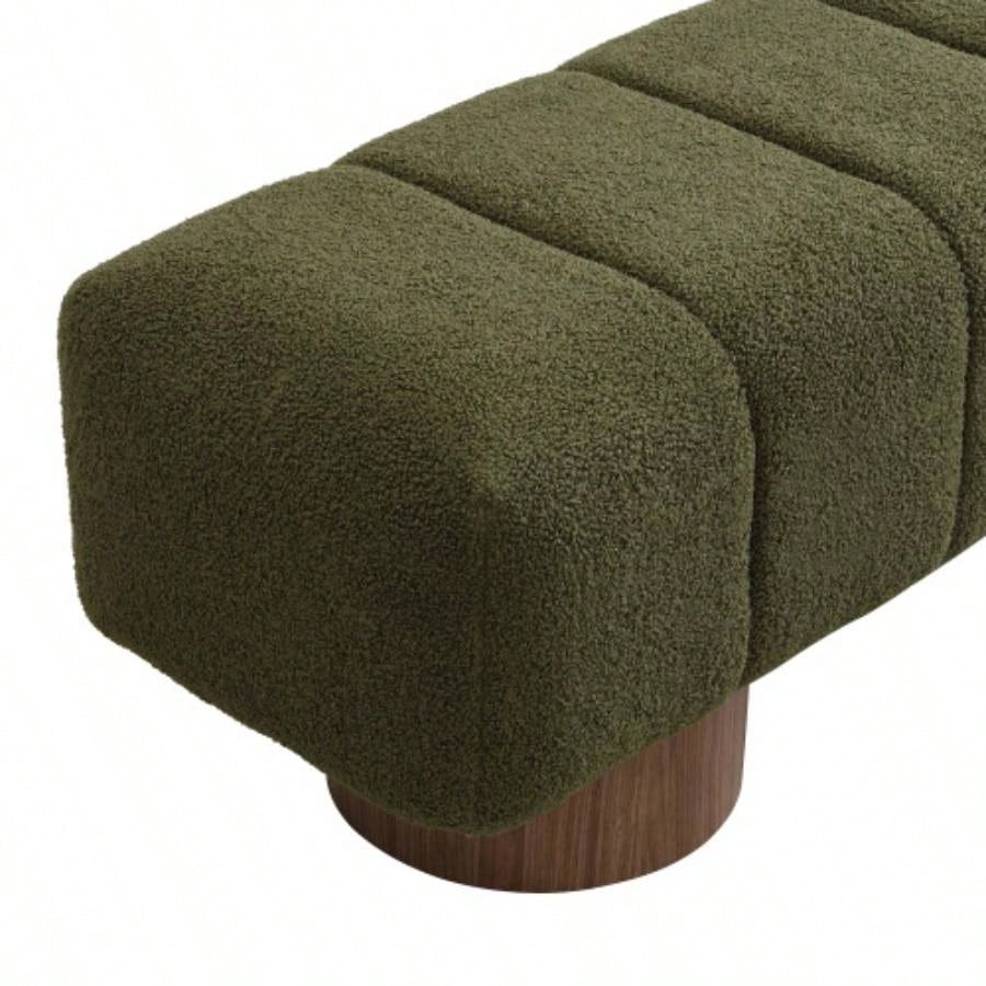 Upholstered Dining Dining Room, No - Assembly End of Bed Entryway Ottoman Bedroom Living Room, Green Boucle Fabric Stool Top Wood Leg 300 LBS Weight Capacity
