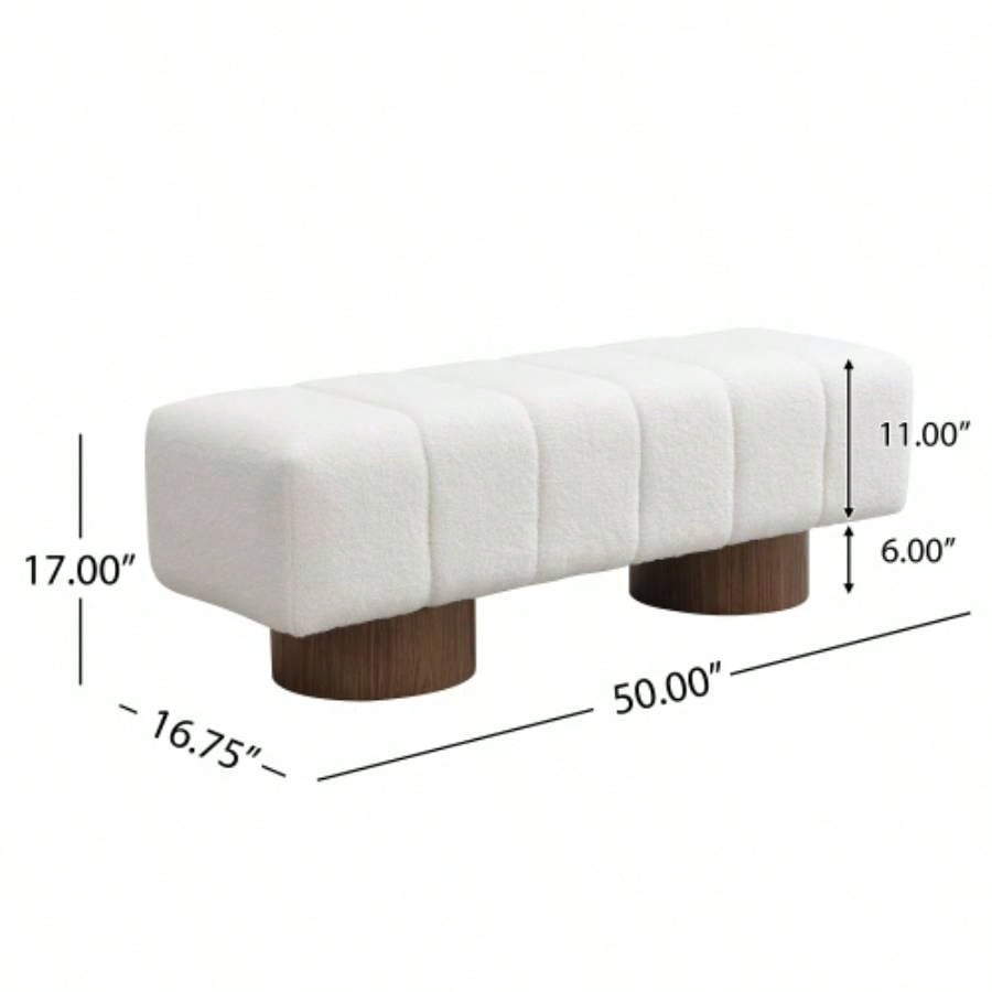 Upholstered Dining Dining Room, No - Assembly End of Bed Entryway Ottoman Bedroom Living Room, White Boucle Fabric Stool Top Wood Leg 300 LBS Weight Capacity