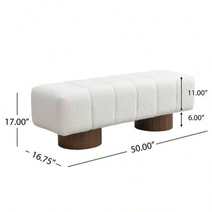 Upholstered Dining Dining Room, No - Assembly End of Bed Entryway Ottoman Bedroom Living Room, White Boucle Fabric Stool Top Wood Leg 300 LBS Weight Capacity