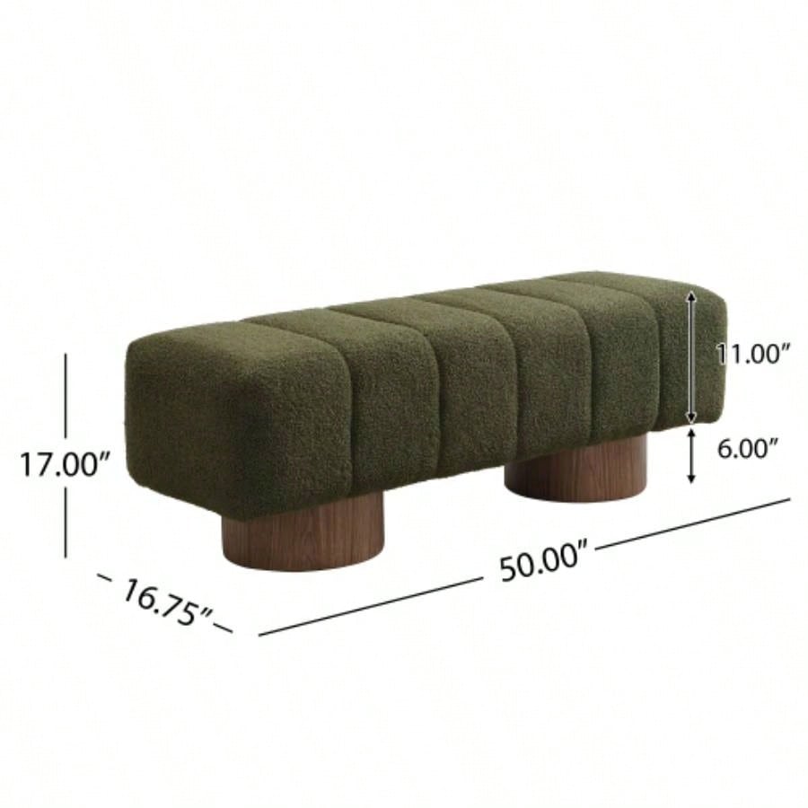 Upholstered Dining Dining Room, No - Assembly End of Bed Entryway Ottoman Bedroom Living Room, Green Boucle Fabric Stool Top Wood Leg 300 LBS Weight Capacity