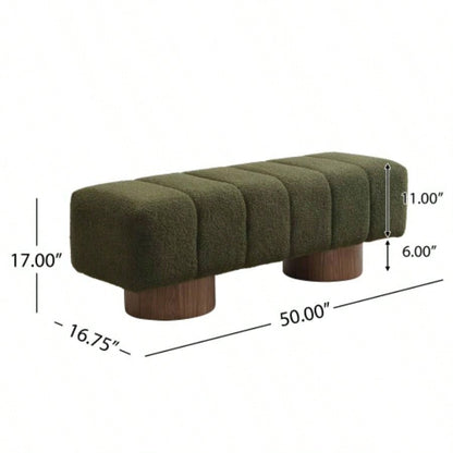 Upholstered Dining Dining Room, No - Assembly End of Bed Entryway Ottoman Bedroom Living Room, Green Boucle Fabric Stool Top Wood Leg 300 LBS Weight Capacity