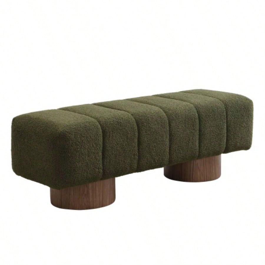 Upholstered Dining Dining Room, No - Assembly End of Bed Entryway Ottoman Bedroom Living Room, Green Boucle Fabric Stool Top Wood Leg 300 LBS Weight Capacity