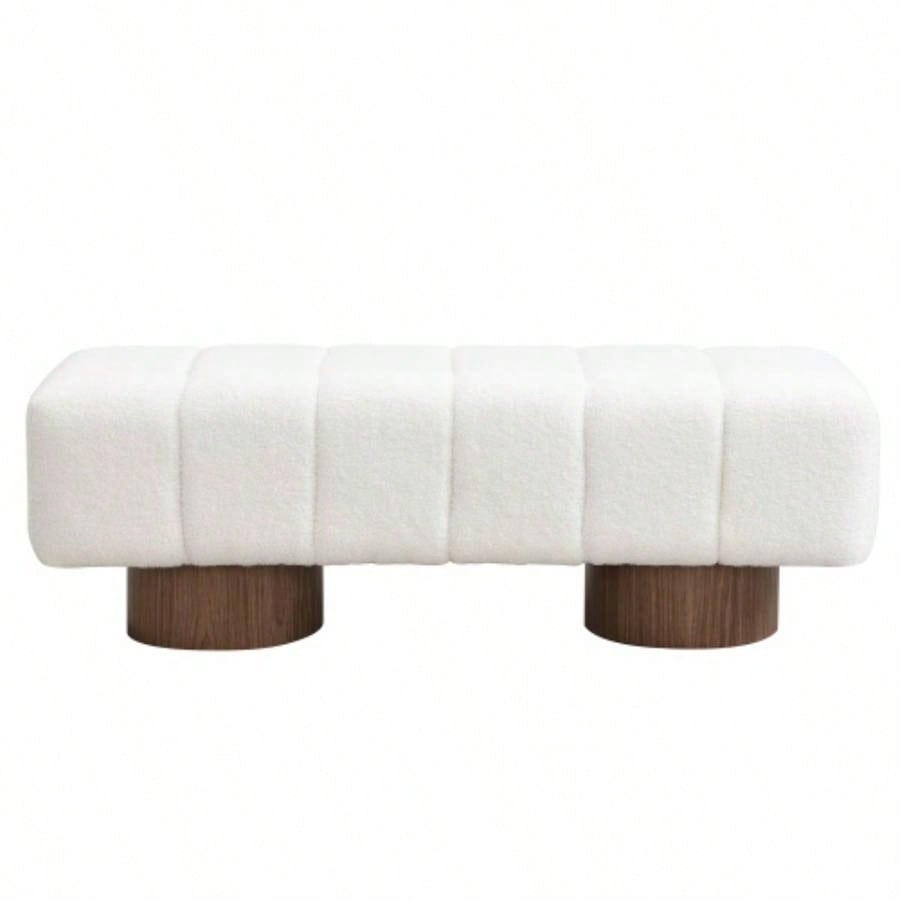 Upholstered Dining Dining Room, No - Assembly End of Bed Entryway Ottoman Bedroom Living Room, White Boucle Fabric Stool Top Wood Leg 300 LBS Weight Capacity