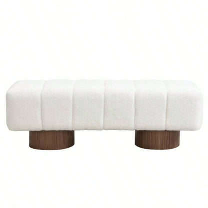 Upholstered Dining Dining Room, No - Assembly End of Bed Entryway Ottoman Bedroom Living Room, White Boucle Fabric Stool Top Wood Leg 300 LBS Weight Capacity