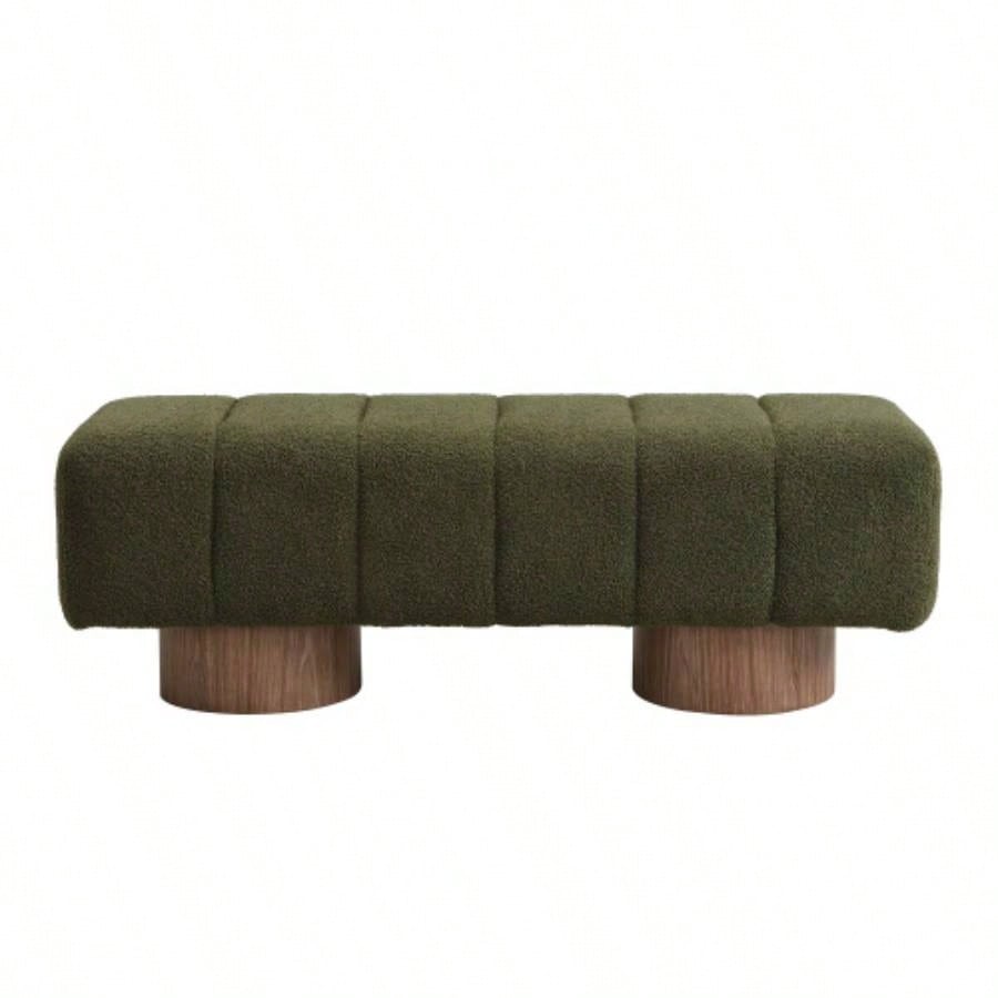Upholstered Dining Dining Room, No - Assembly End of Bed Entryway Ottoman Bedroom Living Room, Green Boucle Fabric Stool Top Wood Leg 300 LBS Weight Capacity