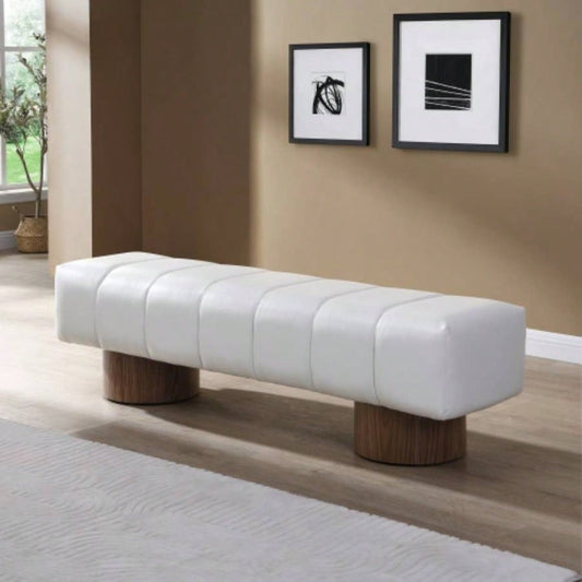 Upholstered Dining Dining Room, No - Assembly End of Bed Entryway Ottoman Bedroom Living Room, Beige PU Stool Top Wood Leg 300 LBS Weight Capacity