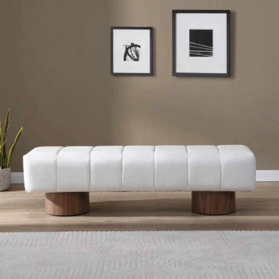 Upholstered Dining Dining Room, No - Assembly End of Bed Entryway Ottoman Bedroom Living Room, Beige PU Stool Top Wood Leg 300 LBS Weight Capacity