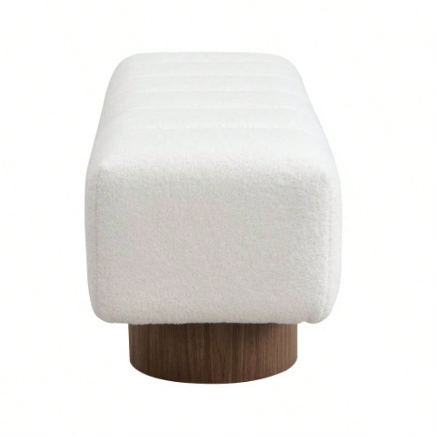 Upholstered Dining Dining Room, No - Assembly End of Bed Entryway Ottoman Bedroom Living Room, White Boucle Fabric Stool Top Wood Leg 300 LBS Weight Capacity