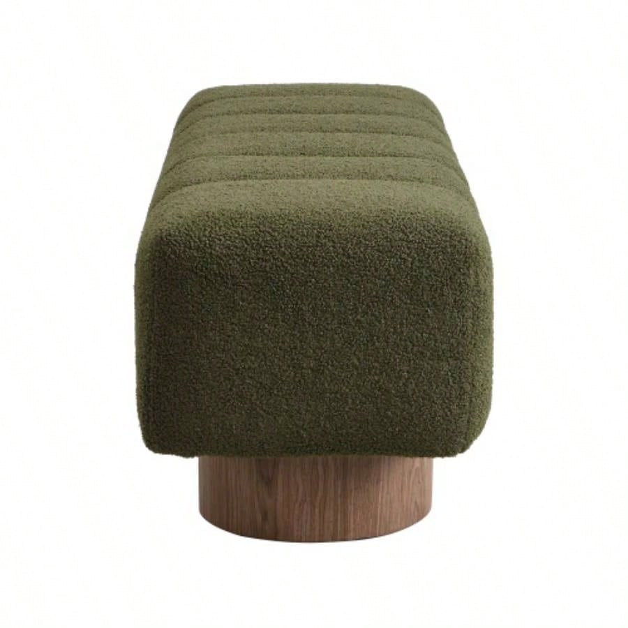 Upholstered Dining Dining Room, No - Assembly End of Bed Entryway Ottoman Bedroom Living Room, Green Boucle Fabric Stool Top Wood Leg 300 LBS Weight Capacity