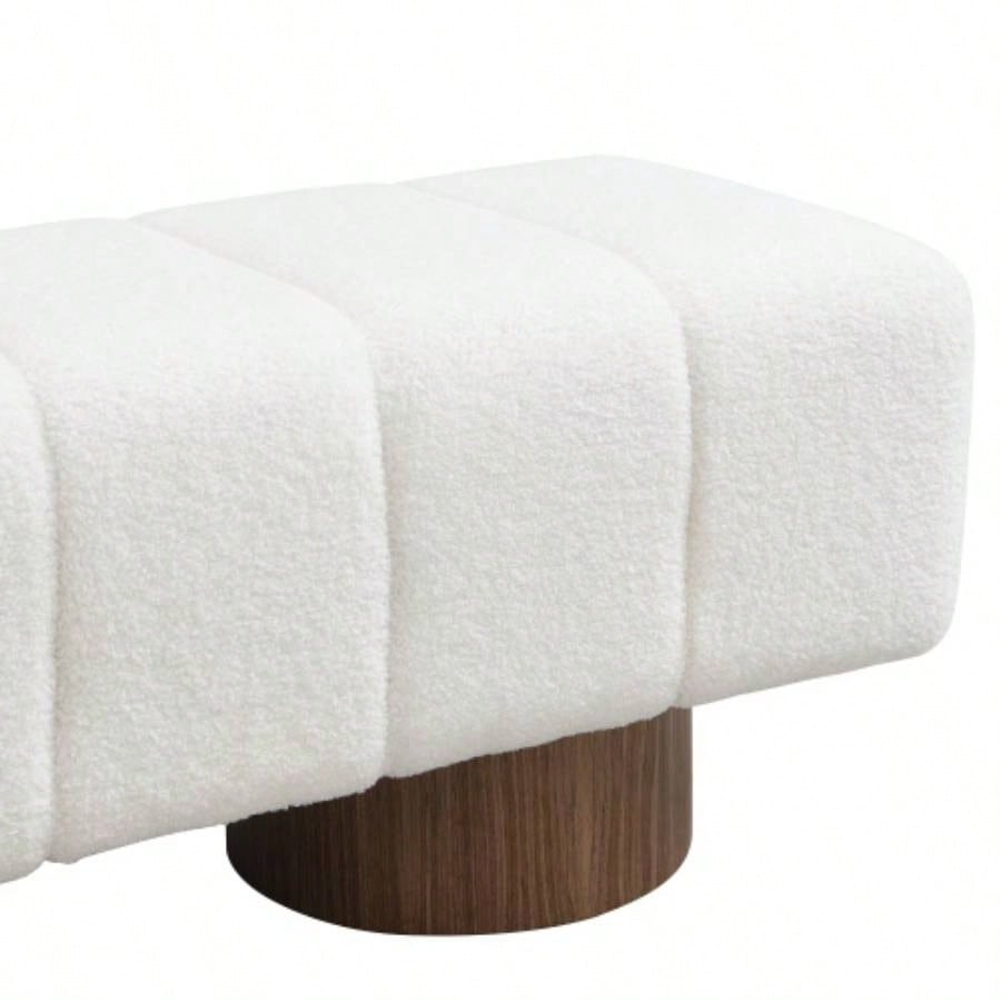 Upholstered Dining Dining Room, No - Assembly End of Bed Entryway Ottoman Bedroom Living Room, White Boucle Fabric Stool Top Wood Leg 300 LBS Weight Capacity