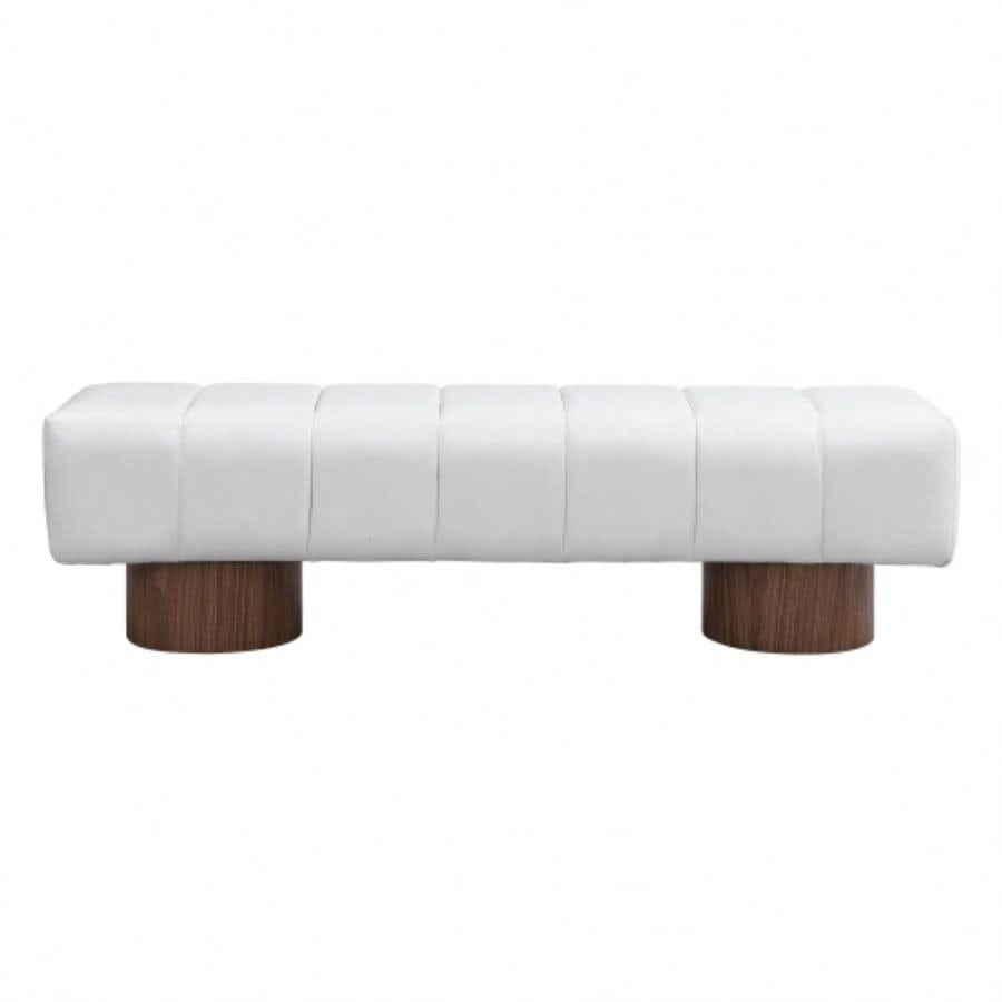 Upholstered Dining Dining Room, No - Assembly End of Bed Entryway Ottoman Bedroom Living Room, Beige PU Stool Top Wood Leg 300 LBS Weight Capacity