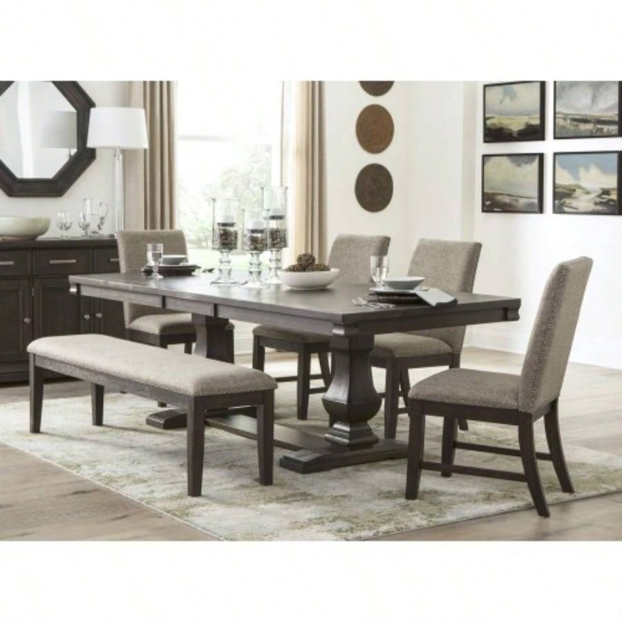 Traditional Style Wood Framed 1pc Upholstered Naihead Trim Wire Brushed Rustic Brown Dining Room Furniture