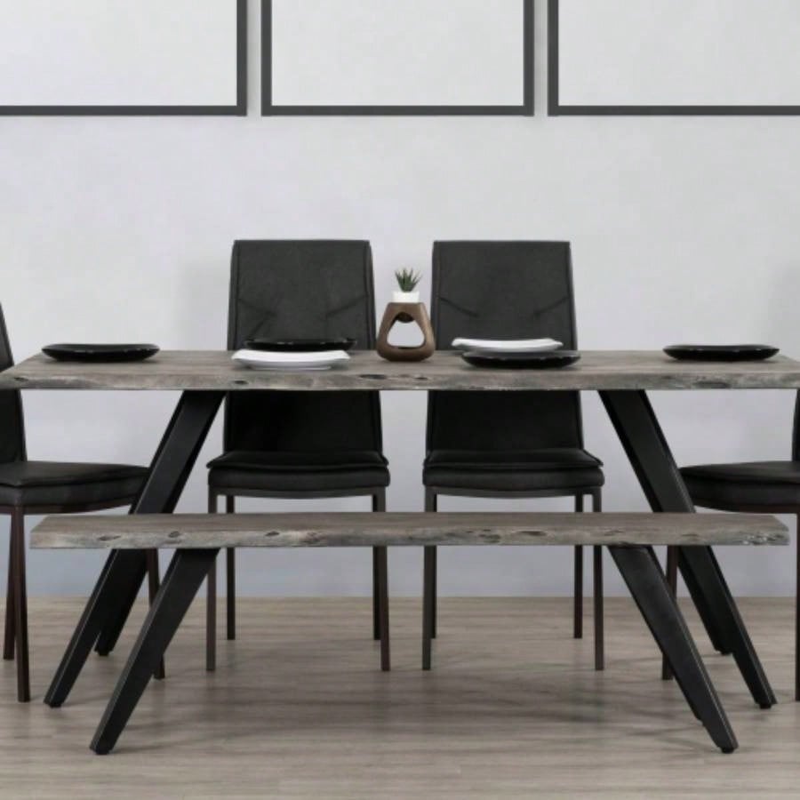 60 Inch Modern Dining, Acacia Wood Table, Live, Iron, Gray, Black