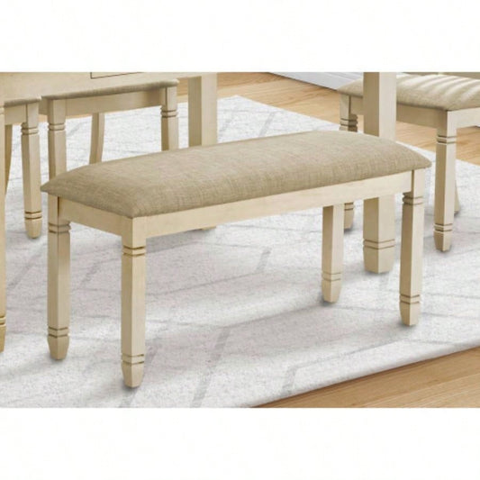 , 41 Rectangular, Kitchen, Dining Room, Entryway, Bedroom, Upholstered, Wood, Antique White Solid Wood, Beige Linen - look Fabric, Transitional