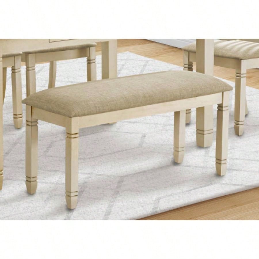 , 41 Rectangular, Kitchen, Dining Room, Entryway, Bedroom, Upholstered, Wood, Antique White Solid Wood, Beige Linen - look Fabric, Transitional