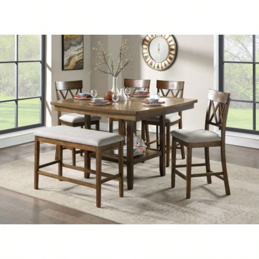 Wooden Frame Counter Height Light Oak Mindy Veneer Gray Textured Fabric Upholstery Dining Room Furniture