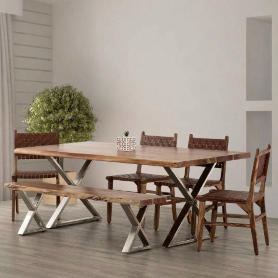 70 Acacia Wood Dining, Farmhouse Design, Crossed, Brown,