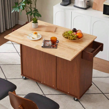 54 inch Portable Wooden Kitchen Island Cart Large Capacity with 3 drawers Drop - Leaf Table Spice Rack Towel Rack Small Spaces.