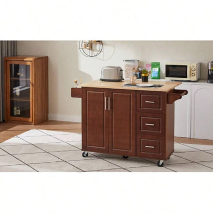 54 inch Portable Wooden Kitchen Island Cart Large Capacity with 3 drawers Drop - Leaf Table Spice Rack Towel Rack Small Spaces.