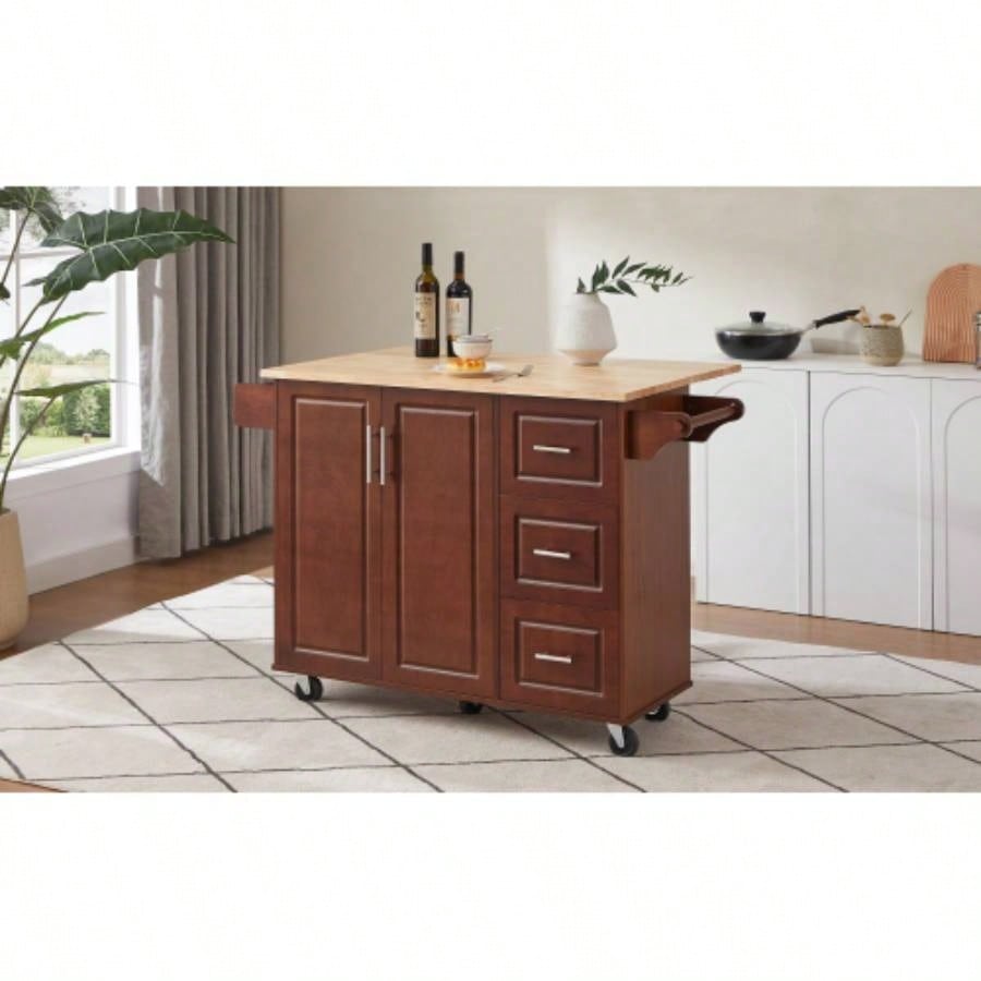 54 inch Portable Wooden Kitchen Island Cart Large Capacity with 3 drawers Drop - Leaf Table Spice Rack Towel Rack Small Spaces.