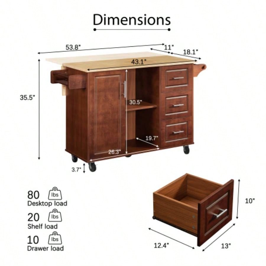 54 inch Portable Wooden Kitchen Island Cart Large Capacity with 3 drawers Drop - Leaf Table Spice Rack Towel Rack Small Spaces.
