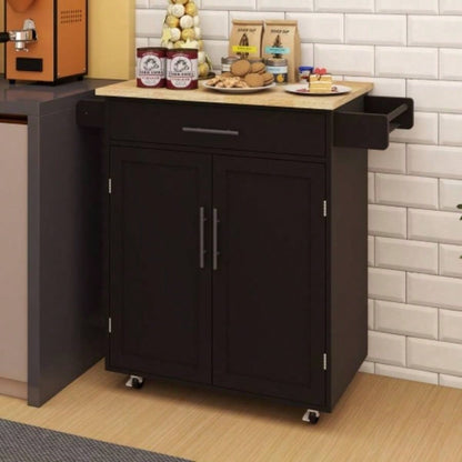 Kitchen island rolling trolley cart with 1 drawer 2 doors with Adjustable Shelves towel rack seasoning rack rubber wood table top - Black