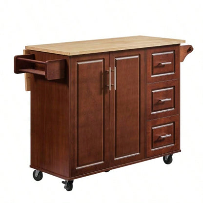 54 inch Portable Wooden Kitchen Island Cart Large Capacity with 3 drawers Drop - Leaf Table Spice Rack Towel Rack Small Spaces.