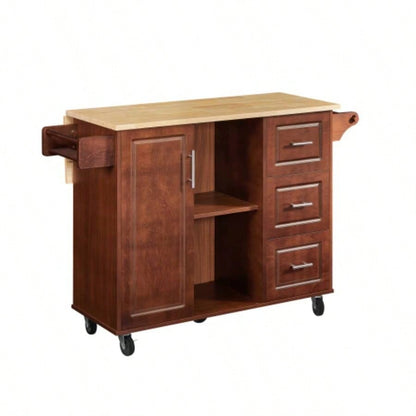 54 inch Portable Wooden Kitchen Island Cart Large Capacity with 3 drawers Drop - Leaf Table Spice Rack Towel Rack Small Spaces.