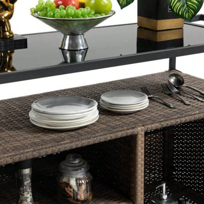 Outdoor Wicker Bar Cart, Patio Wine Serving Cart/Wheels, Rolling Rattan Beverage Bar Counter Table/Glass Top Porch Backyard Garden Poolside Party, Light brown