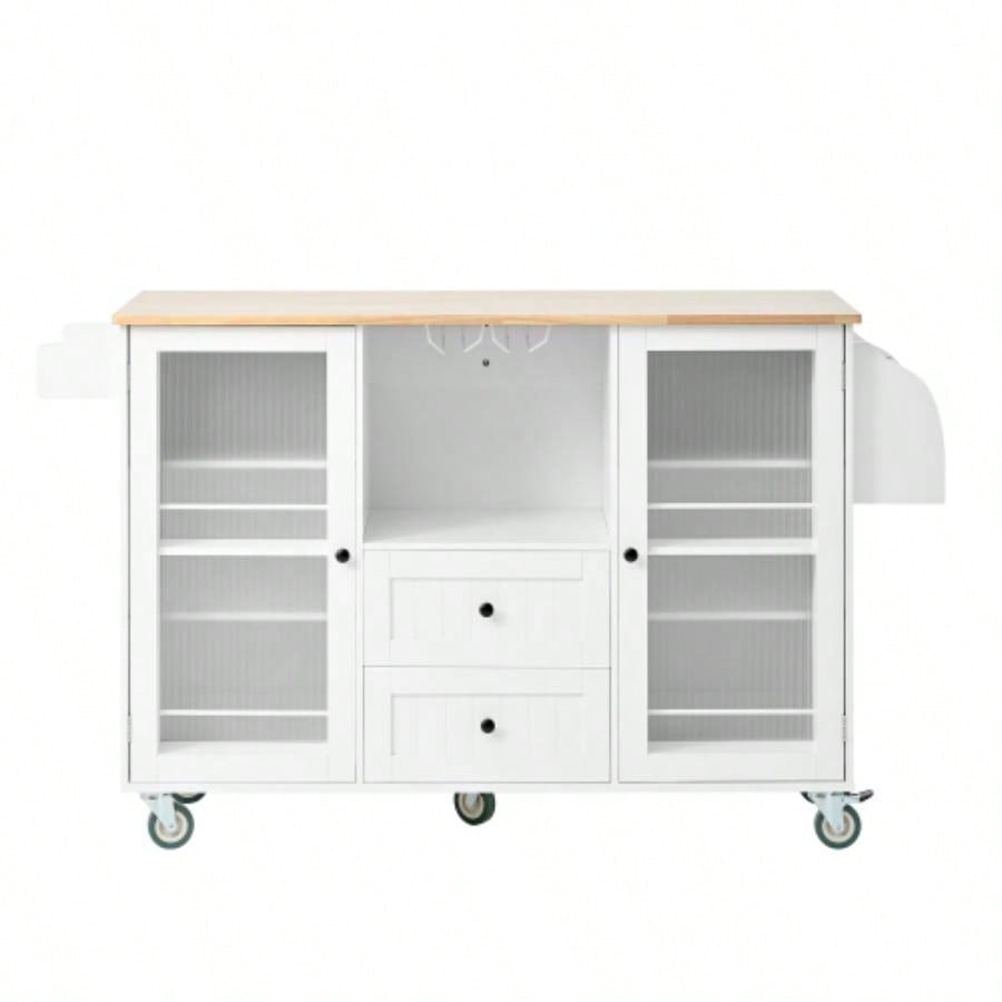 Mobile Kitchen Island Storage Trolley Cart on Wheels with Dropleaf Top, Towel/Spice Rack, 2 Drawers, 2 - Door Cabinet, White