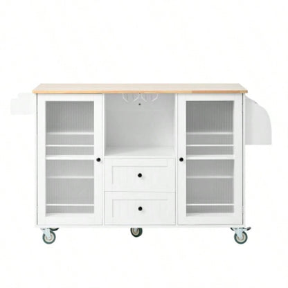 Mobile Kitchen Island Storage Trolley Cart on Wheels with Dropleaf Top, Towel/Spice Rack, 2 Drawers, 2 - Door Cabinet, White