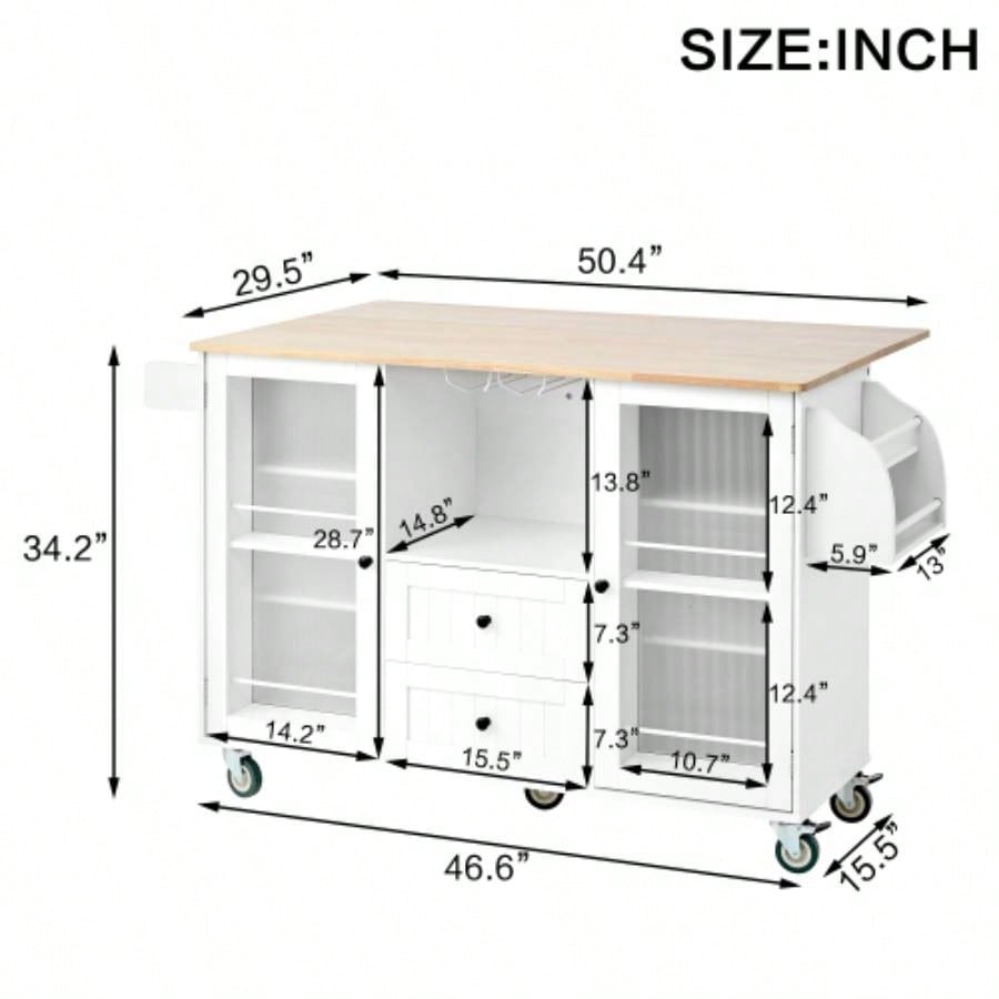 Mobile Kitchen Island Storage Trolley Cart on Wheels with Dropleaf Top, Towel/Spice Rack, 2 Drawers, 2 - Door Cabinet, White