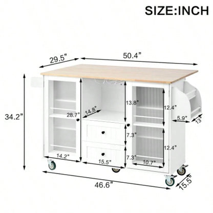 Mobile Kitchen Island Storage Trolley Cart on Wheels with Dropleaf Top, Towel/Spice Rack, 2 Drawers, 2 - Door Cabinet, White