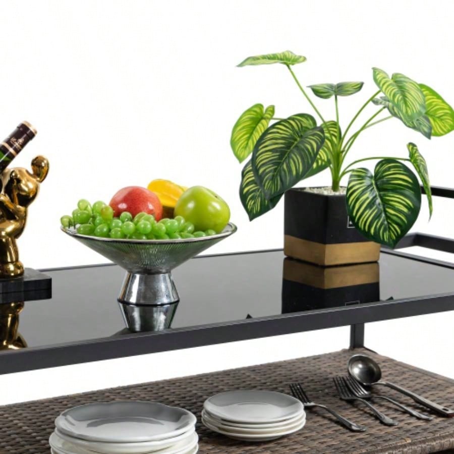 Outdoor Wicker Bar Cart, Patio Wine Serving Cart/Wheels, Rolling Rattan Beverage Bar Counter Table/Glass Top Porch Backyard Garden Poolside Party, Light brown