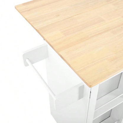 Mobile Kitchen Island Storage Trolley Cart on Wheels with Dropleaf Top, Towel/Spice Rack, 2 Drawers, 2 - Door Cabinet, White