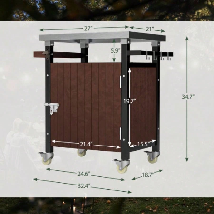 Outdoor Grill Cart with Stainless Steel Tabletop, Storage, Patio Kitchen Island with Wheels, Hooks, and Spice Rack, Waterproof Outdoor Grill Table, Movable BBQ Serving Cart Rolling Bar Cart