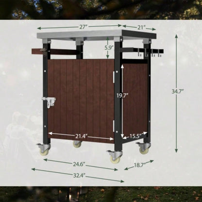 Outdoor Grill Cart with Stainless Steel Tabletop, Storage, Patio Kitchen Island with Wheels, Hooks, and Spice Rack, Waterproof Outdoor Grill Table, Movable BBQ Serving Cart Rolling Bar Cart