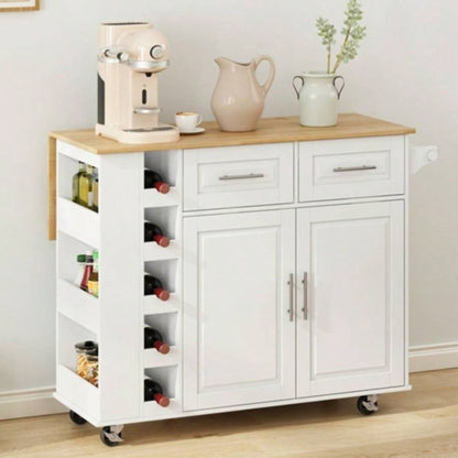 Multi - Functional Kitchen Island Cart with 2 Door Cabinet and Two Drawers, Spice Rack, Towel Holder, Wine Rack, and Foldable Rubberwood Table Top White