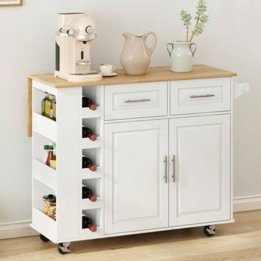 Multi - Functional Kitchen Island Cart with 2 Door Cabinet and Two Drawers, Spice Rack, Towel Holder, Wine Rack, and Foldable Rubberwood Table Top White