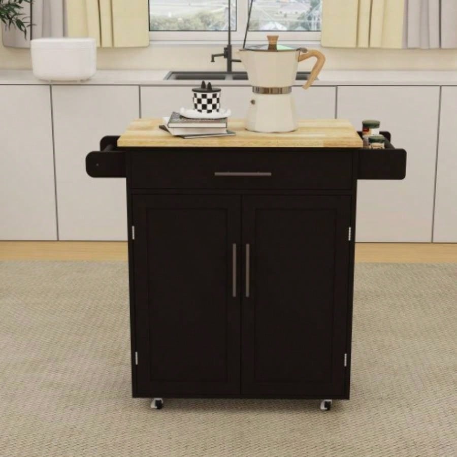 Kitchen island rolling trolley cart with 1 drawer 2 doors with Adjustable Shelves towel rack seasoning rack rubber wood table top - Black