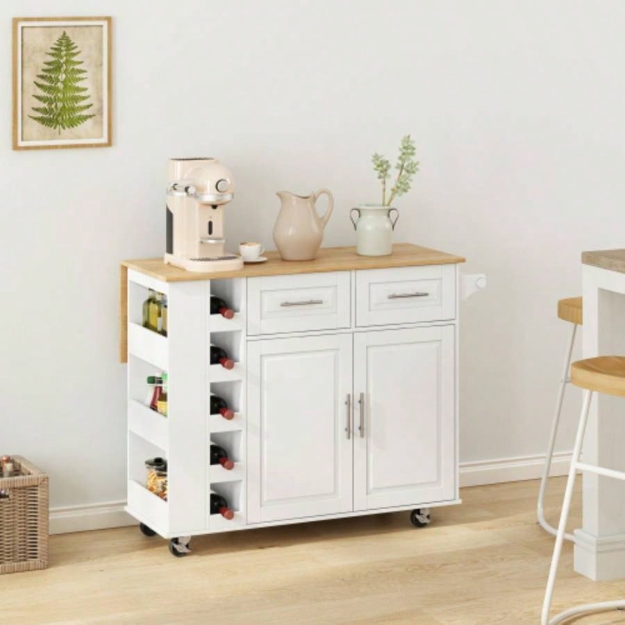 Multi - Functional Kitchen Island Cart with 2 Door Cabinet and Two Drawers, Spice Rack, Towel Holder, Wine Rack, and Foldable Rubberwood Table Top White