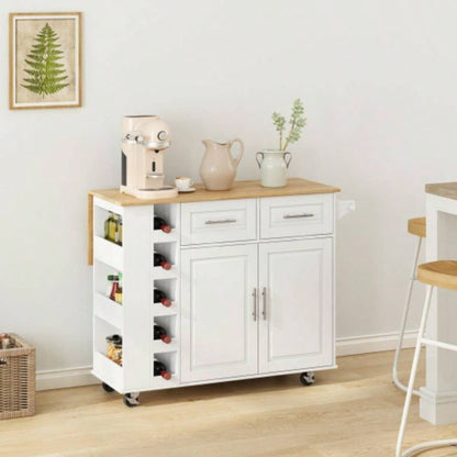 Multi - Functional Kitchen Island Cart with 2 Door Cabinet and Two Drawers, Spice Rack, Towel Holder, Wine Rack, and Foldable Rubberwood Table Top White